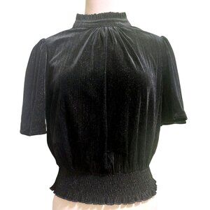 NWT Voy Black Sparkly Short-Sleeve Top W/ Bow Tie Back~Smocked Hem~SMALL